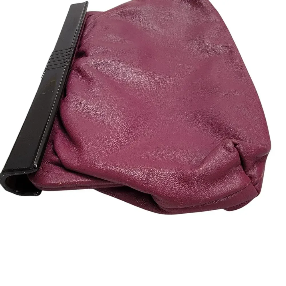 Vintage Lord & Taylor Plum Leather Clutch Bag Made in Italy Black Frame